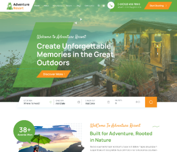 Adventure resort villa website template with outdoor cabin hero banner and booking form