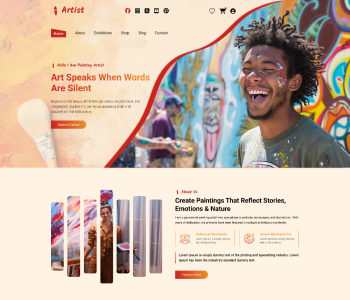 Artist WordPress theme preview with painter smiling beside colorful mural and layout sections