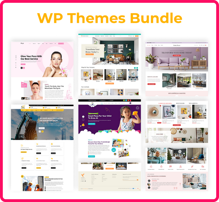 WP Themes Bundle graphic with six WordPress website theme previews on black background