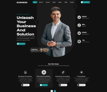 Business website theme landing page with consultant portrait and services section