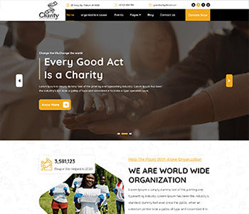 Charity website homepage hero banner with hands and headline Every Good Act Is a Charity