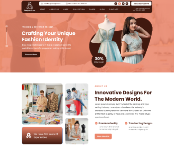 Designer dresses WordPress theme preview, fashion website homepage layout with hero banner and sections