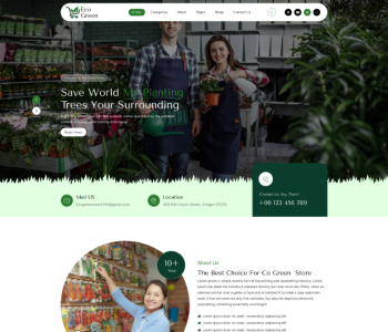 Green Store WordPress theme preview, eco plant shop homepage layout with hero banner and sections