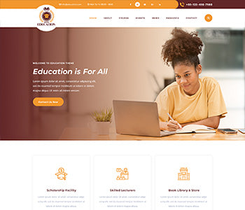 Education WordPress theme homepage mockup with student studying on laptop, orange header