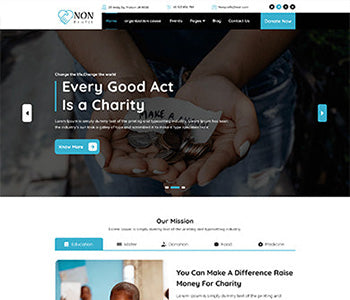Fundraiser WordPress theme homepage with donation hero banner and charity mission sections