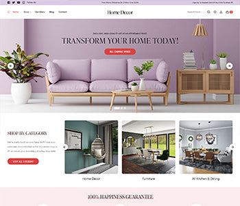 Home decor WordPress theme homepage layout with sofa, plants, and room gallery sections