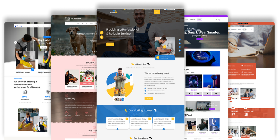 Website theme template collage: cleaning, dog breeder, repair services, ecommerce, business pages