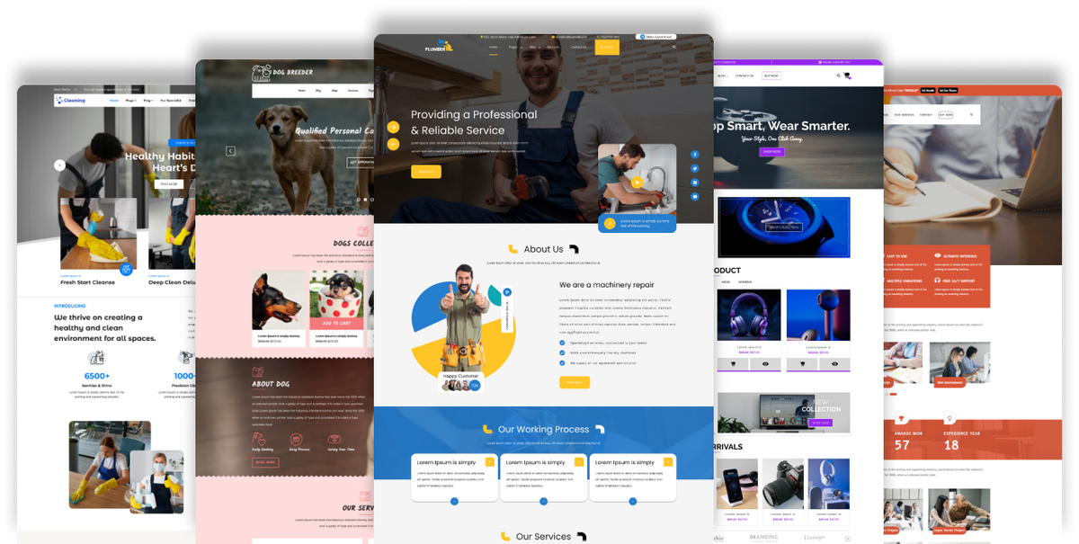 Website template mockups for cleaning, dog breeder, plumbing, fashion, and business services pages
