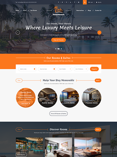 Hotel resort WordPress theme homepage template with luxury beach pool and booking form