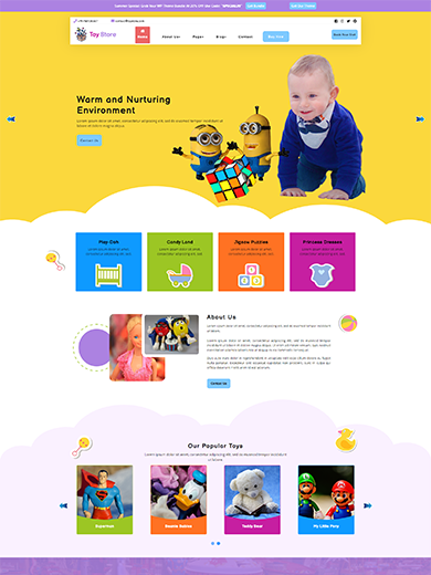 Kids toy store WordPress theme thumbnail with baby and toy characters on yellow background