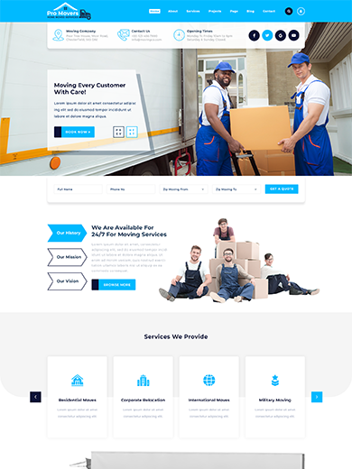 Packers and movers WordPress theme homepage template with moving crew and service sections