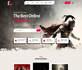 OTT TV show WordPress theme homepage design with featured shows and warrior banner