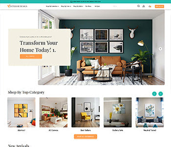 Interior designer WordPress theme homepage mockup with modern living room and hero banner