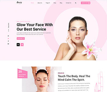 Spa WordPress theme homepage design with woman portrait, pink layout and service sections