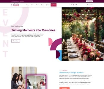 Prestige Planners event planner website template preview with outdoor table setup and floral decor