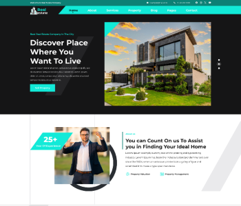 Real estate WordPress theme homepage preview with modern house and hero headline