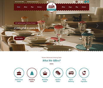 Restaurant website theme preview with table setting, wine glasses, and navigation menu
