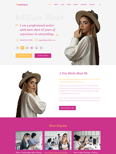 Resume WordPress theme template preview, writer portfolio homepage layout with call to action buttons