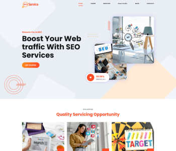 SEO services WordPress theme preview with web traffic headline and SEO office illustration
