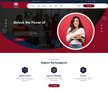 Spoken English WordPress theme preview with hero banner and course category icons