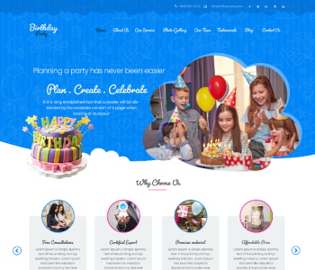 Birthday party WordPress theme homepage design with Happy Birthday banner and kids with balloons