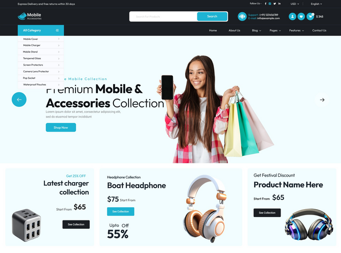 Mobile accessories WordPress theme homepage layout with hero banner and product categories