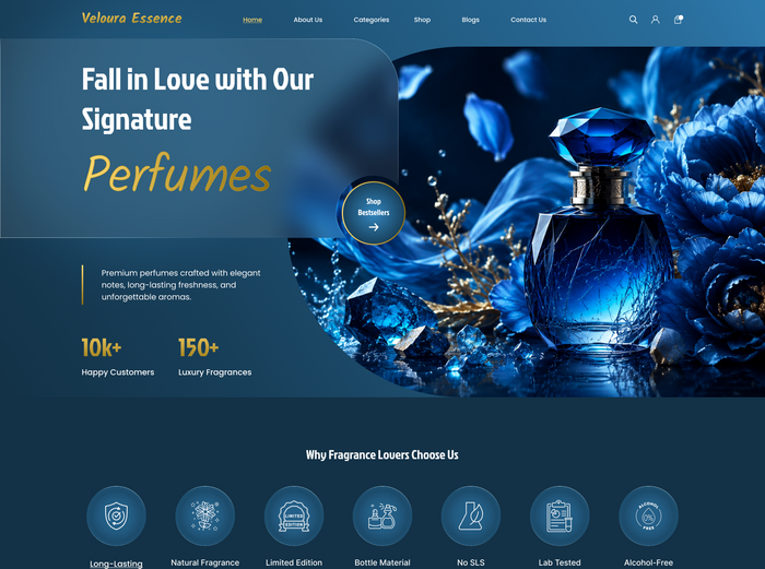 Perfume WordPress theme hero banner with blue perfume bottle and text Fall in Love with Our Perfumes